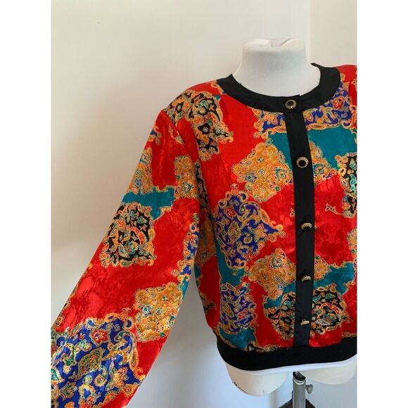 VTG Notations Versace Look Jacket Top 16W Red Satin Abstract Ornate Button Crop - Picture 9 of 16